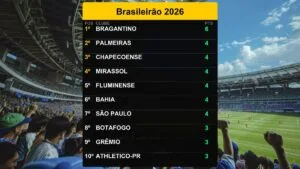 Bragantino lidera o Brasileirão 2026 com 6 pontos em 09/02/2026