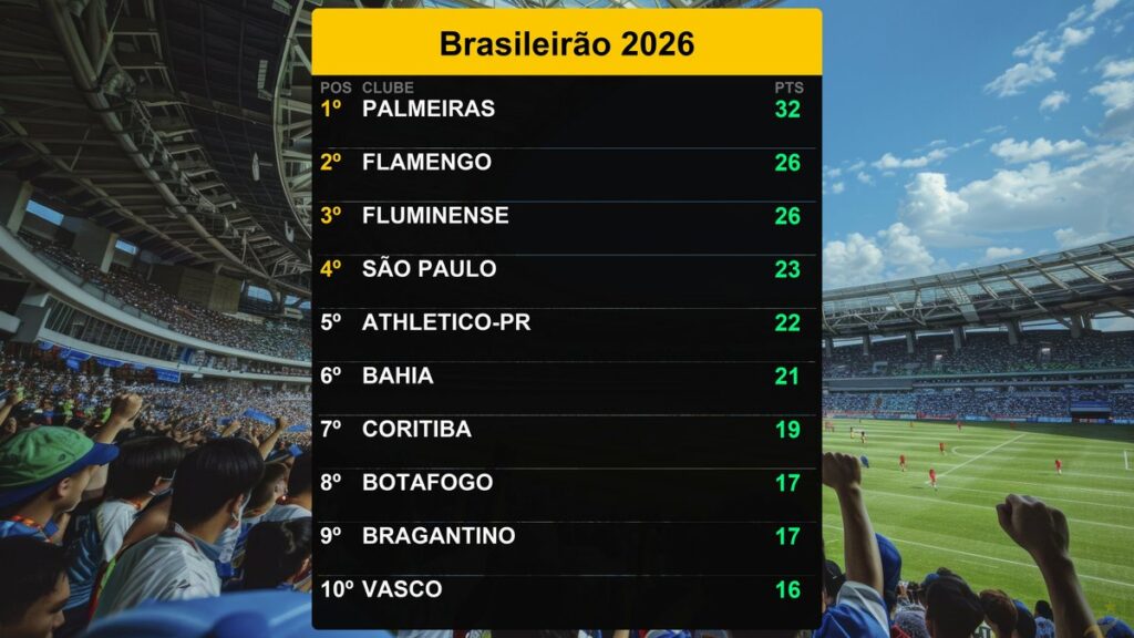 Palmeiras lidera Brasileirão 2026 com 32 pontos; veja análise