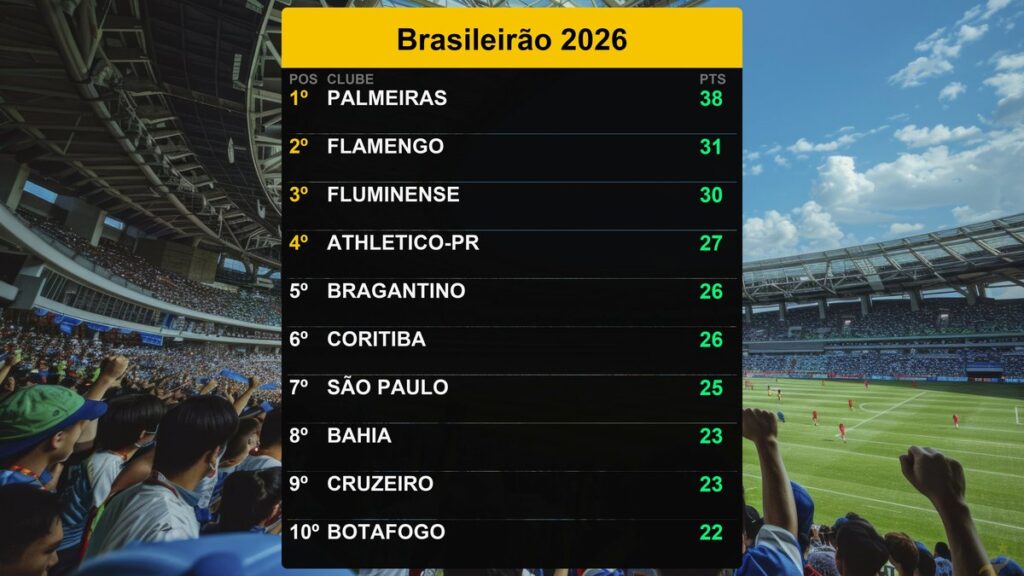 Palmeiras lidera Brasileirão 2026 com 38 pontos; confira a classificação